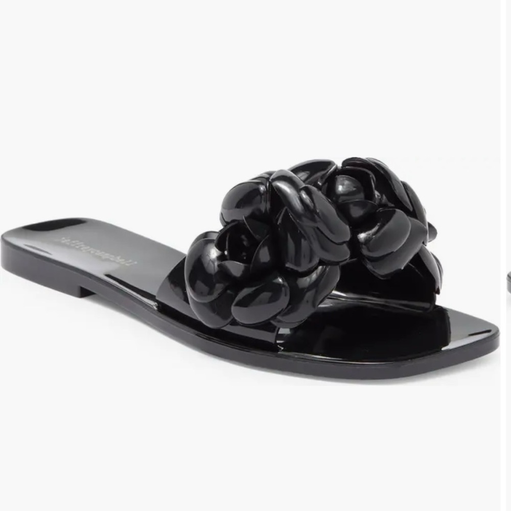 Jeffrey Campbell Black Slide Sandals with Floral Embellishment - Picture 1 of 6